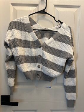 Striped Gray & White Button-Up V-Neck Women’s Sweater Cardigan